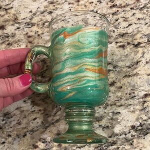 Artisan Glass Pedestal Mug Green Gold Swirl Coffee Tea Cup New without package